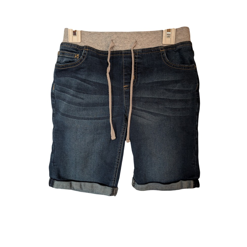 Justice Denim Bermuda Shorts Girls 12 Dark Blue Excellent Knit Waist Cuffed